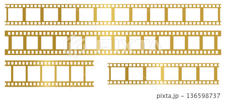 Vector set of golden film reel strips. Vector illustration. 136598737