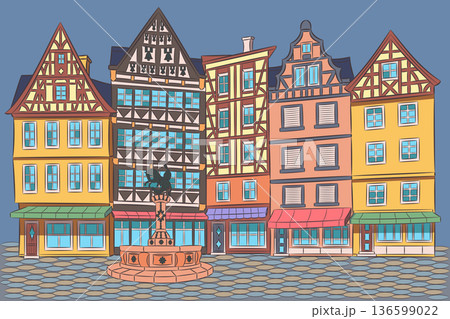 Colorful Half Timbered Houses on Market Square in Cochem Germany Vector Illustration 136599022