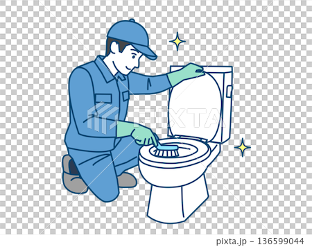 Illustration of a cleaning worker cleaning a toilet Illustration of a cleaning worker cleaning a toilet 136599044