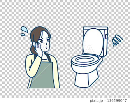 插圖描繪了一位家庭主婦正在處理堵塞或損壞的馬桶。 136599047