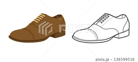 Oxford mens brown plus line shoe. Classic closed lace up leather footwear technical illustration. Vector flat CAD mockup 136599516