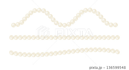 Wavy and straight strings of pearls isolated on white background. Threads of beads for bracelet or necklace. Elegant jewelry borders. Wedding accessories. Vector realistic illustration 136599548