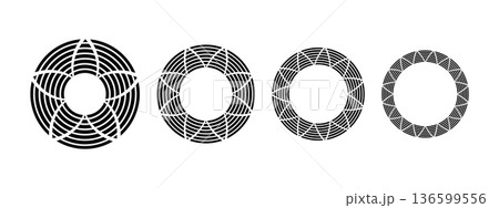 Set of round frames with triangular striped ornament in African or Mexican style isolated on white background. Circular design elements with flower streaky motif. Vector graphic illustration Set of round frames with triangular striped ornament in African or Mexican style isolated on white background. Circular design elements with flower streaky motif. Vector graphic illustration 136599556