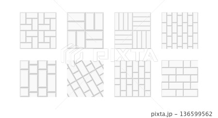 Set of tile patterns. White ceramic subway wall or stone sidewalk textures. Kitchen backsplash or shower floor background. Interior or exterior surface mosaic decorations. Vector illustration Set of tile patterns. White ceramic subway wall or stone sidewalk textures. Kitchen backsplash or shower floor background. Interior or exterior surface mosaic decorations. Vector illustration 136599562