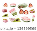 春の和菓子イラストセット - いちご大福・桜餅・三色団子・どら焼き・ひし餅 136599569