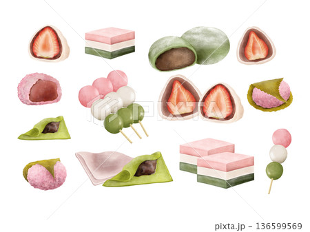 春の和菓子イラストセット - いちご大福・桜餅・三色団子・どら焼き・ひし餅 春の和菓子イラストセット - いちご大福・桜餅・三色団子・どら焼き・ひし餅 136599569
