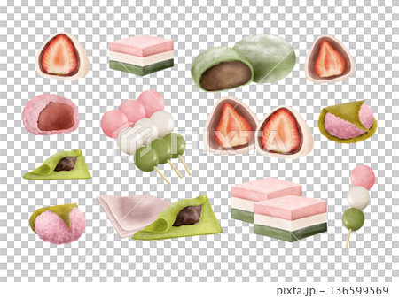 春の和菓子イラストセット - いちご大福・桜餅・三色団子・どら焼き・ひし餅 春の和菓子イラストセット - いちご大福・桜餅・三色団子・どら焼き・ひし餅 136599569
