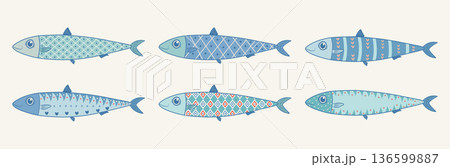 Set of hand-drawn funny sardine icons. Cute and quirky Mediterranean fish. Great for packaging, menus, and seafood branding. Vector illustration. 136599887