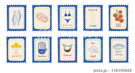 Vintage Italian travel stamps with tomatoes, oysters, lemons, shellfish, sardines and summer icons. Inspired by Amalfi coast and Mediterranean vacation. 136599888