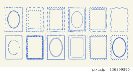 A set of vintage hand-drawn frames. Monochrome linear borders ideal for stamps, greeting cards, marine themes, or decorative elements. Vector doodle design. 136599890