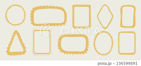 Cute hand drawn doodle frames and borders set in mustard yellow, vector collection of various decorative shapes for modern design. 136599891