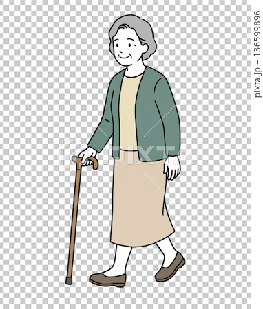 杖をついて歩く高齢女性 全身イラスト 136599896