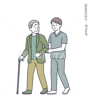杖をついて歩く高齢男性を支える男性介護士 全身イラスト 136599899