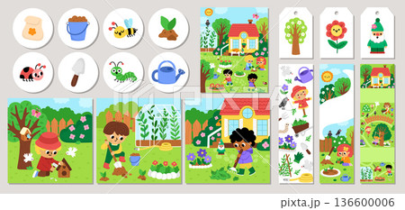 Cute garden cards set with kids doing gardening work. Vector square, round, vertical print templates. Spring rural nature design for tags, postcards, ads with rural landscapes with children Cute garden cards set with kids doing gardening work. Vector square, round, vertical print templates. Spring rural nature design for tags, postcards, ads with rural landscapes with children 136600006