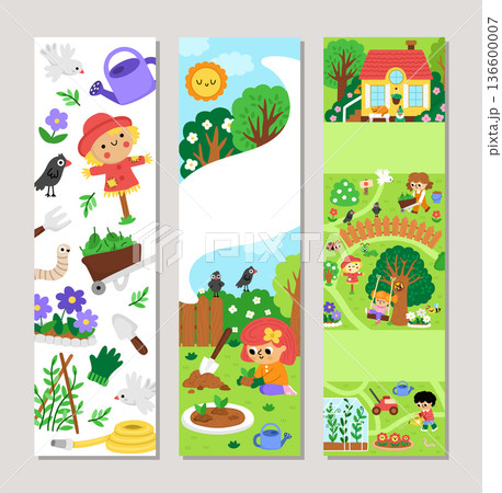 Cute garden vertical cards set with kids doing gardening work. Vector bookmark print templates. Spring rural nature design with rural landscapes with children, country house, greenhouse, rural nature 136600007
