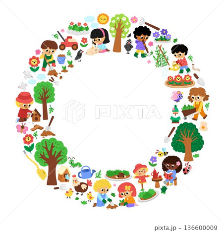 Vector garden round border frame with country house, greenhouse, children doing gardening works. Card template design for banners, invitations. Cute spring illustration with kids working in yard 136600009