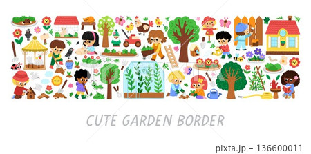 Vector garden horizontal border set with country house, greenhouse, children doing gardening works. Card template design for banners, invitations. Cute spring illustration with kids working in yard 136600011