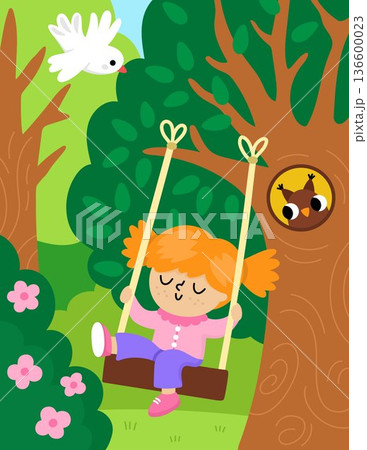 Spring garden vertical landscape. Rural nature scene with girl swinging on the tree with owl in hollow. Vector country house, farm background. Cute kid on holidays in the village illustration Spring garden vertical landscape. Rural nature scene with girl swinging on the tree with owl in hollow. Vector country house, farm background. Cute kid on holidays in the village illustration 136600023