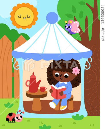 Spring garden vertical landscape. Rural nature scene with girl reading a book in gazebo. Vector country house, farm background. Cute kid drinking tea in pavilion on holidays in the village Spring garden vertical landscape. Rural nature scene with girl reading a book in gazebo. Vector country house, farm background. Cute kid drinking tea in pavilion on holidays in the village 136600024