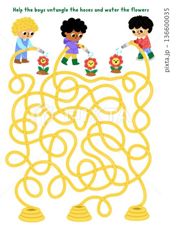 Garden maze with boys with entangled hoses watering the flowers. Simple labyrinth game. Spring country house printable activity or worksheet with gardener children doing gardening works 136600035
