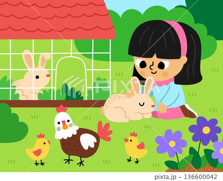 Spring garden horizontal scene with girl caressing rabbit. Vector country house, farm landscape. Rural nature background with cute kid and bunny, hen, domestic animals and birds. Child illustration Spring garden horizontal scene with girl caressing rabbit. Vector country house, farm landscape. Rural nature background with cute kid and bunny, hen, domestic animals and birds. Child illustration 136600042
