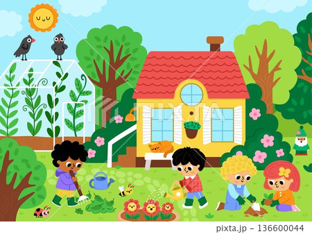 Vector garden landscape. Rural nature detailed scene with country house, greenhouse, children doing gardening works, planting tree. Cute spring horizontal background or book cover for kids 136600044