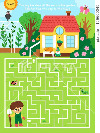Garden maze with rural nature scene, tree, greenhouse. Detailed labyrinth game. Spring country house printable activity, worksheet with gardener boy with spade searching way to house 136600049