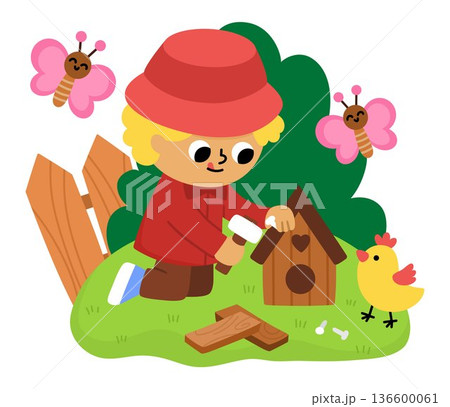 Spring garden illustration with boy building a wooden birdhouse with hammer and nails. Vector country house, farm concept. Cute kid doing gardening work icon. Child clipart isolated on white Spring garden illustration with boy building a wooden birdhouse with hammer and nails. Vector country house, farm concept. Cute kid doing gardening work icon. Child clipart isolated on white 136600061
