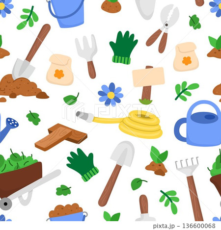 Vector garden seamless pattern. Cute farm repeat background with tools for gardening work, growing plants, seedlings, equipment. Nature digital paper. Spring or summer country texture Vector garden seamless pattern. Cute farm repeat background with tools for gardening work, growing plants, seedlings, equipment. Nature digital paper. Spring or summer country texture 136600068