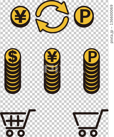 貨幣和商業圖標集。包括線上購物、積分兌換、無現金支付等插畫。 136600069