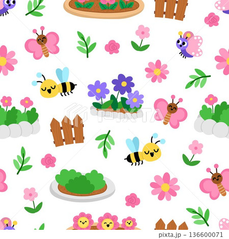 Vector spring garden seamless pattern. Cute farm repeat background with flower bed, insects, fence, plants. Nature digital paper. Spring or summer country texture with bees and butterflies 136600071