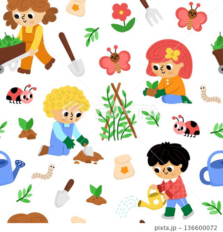 Vector garden seamless pattern. Cute farm repeat background with kids doing gardening work, growing plants, equipment, insects. Nature digital paper with children. Spring or summer country texture 136600072