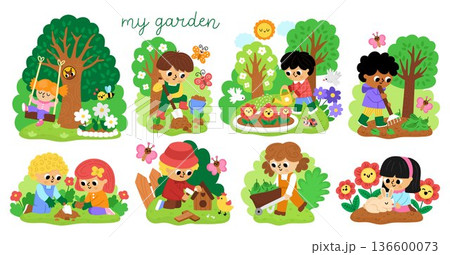 Spring garden illustration set with children doing gardening works. Vector country house, farm concepts collection. Kids planting tree, raking, digging, watering plants icons. Child clipart isolated 136600073