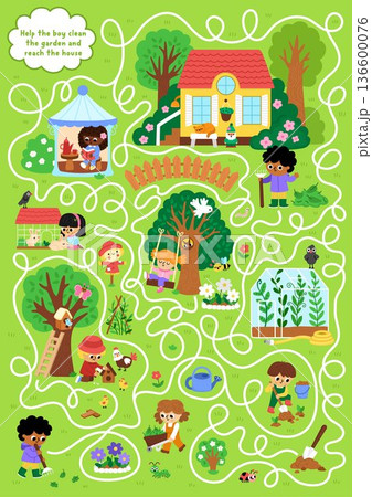Garden maze for children with rural nature scene, boys and girls doing gardening works. Detailed labyrinth game. Spring country house printable activity, worksheet with boy with rakes 136600076