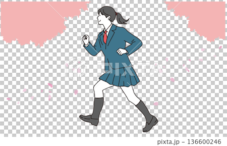 高中女生奔跑在櫻花樹下的插畫素材 136600246
