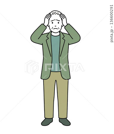 頭を抱えて悩む高齢男性 全身イラスト 136600291