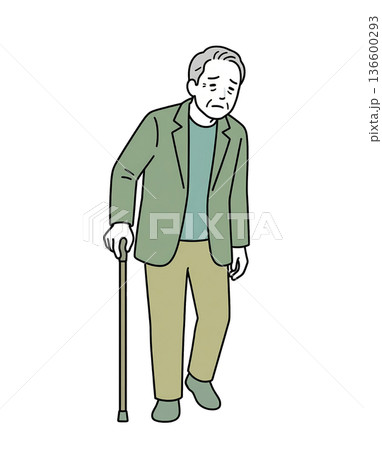 杖をついて歩く悲しそうな高齢男性 全身イラスト 136600293