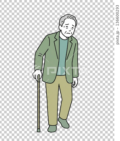 杖をついて歩く悲しそうな高齢男性 全身イラスト 136600293