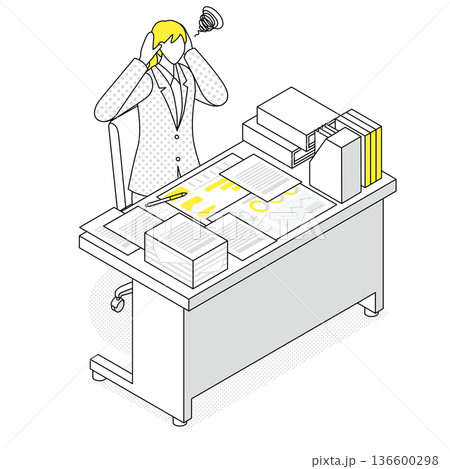 紙資料が山積みで困っているオフィスのアイソメトリック線画イラスト 136600298