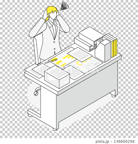紙資料が山積みで困っているオフィスのアイソメトリック線画イラスト 136600298