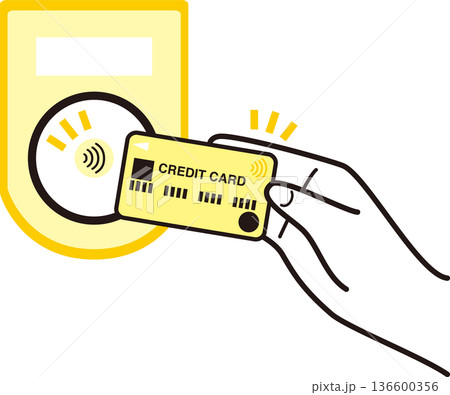 クレジットカードのタッチ決済をする手のイラスト。非接触決済、キャッシュレス、スマート支払いのイメージ 136600356