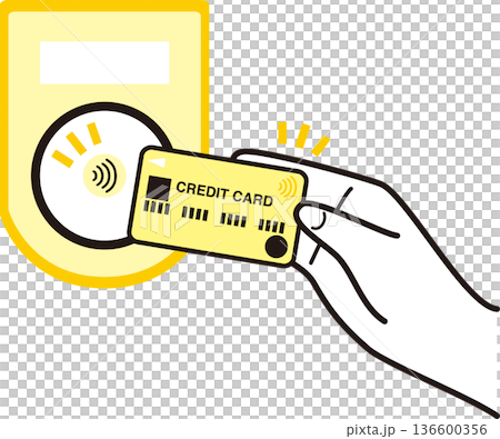 クレジットカードのタッチ決済をする手のイラスト。非接触決済、キャッシュレス、スマート支払いのイメージ 136600356