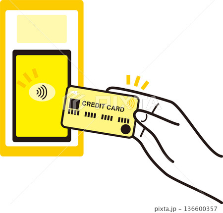 クレジットカードのタッチ決済をする手のイラスト。非接触決済、キャッシュレス、スマート支払いのイメージ 136600357