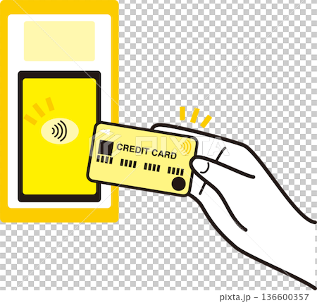 クレジットカードのタッチ決済をする手のイラスト。非接触決済、キャッシュレス、スマート支払いのイメージ 136600357