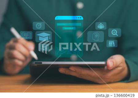 Person using digital tablet with AI interface and education icons, symbolizing artificial intelligence technology, e-learning innovation, knowledge generation, and digital transformation concept. Person using digital tablet with AI interface and education icons, symbolizing artificial intelligence technology, e-learning innovation, knowledge generation, and digital transformation concept. 136600419