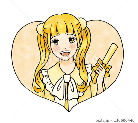 推し活をする推しカラー黄色の女性のハート型のイラストカット 推し活をする推しカラー黄色の女性のハート型のイラストカット 136600446