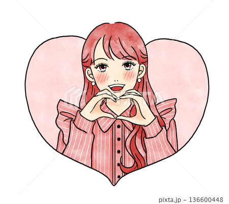 推し活をする推しカラー赤色の女性のハート型のイラストカット 推し活をする推しカラー赤色の女性のハート型のイラストカット 136600448