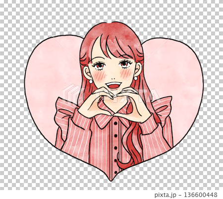 推し活をする推しカラー赤色の女性のハート型のイラストカット 推し活をする推しカラー赤色の女性のハート型のイラストカット 136600448