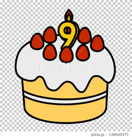 数字の9が立った可愛いデコレーションケーキのイラスト 136600475