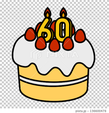 一幅裝飾精美的蛋糕插圖，上面豎立著數字60。 136600478